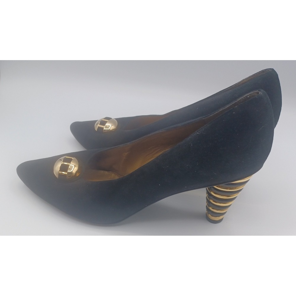 Stuart Weitzman Pumps Womens 8 Black Excellent Suede Gold Ribbed Heel Hardware‎